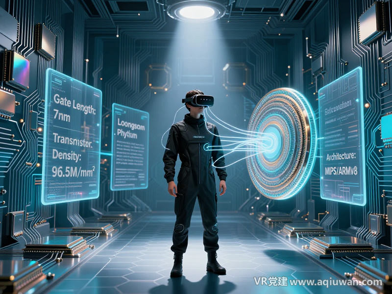 一人置身于芯片内部的纳米级VR数字孪生场景中，周围是发光的精密电路与三维晶圆，使用国产芯片终端。光流将电路工艺节点与展示党建、技术知识的悬浮面板相连，实现可视化语义关联。 - VR党建网制作