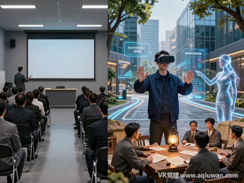 概念性分屏图，展示学习交互模式的演进 - VR党建网制作