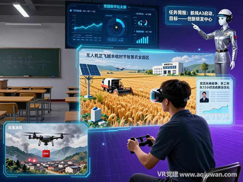 沉浸式VR党建“云端体验”交互流程概念图。体验者操作飞行模拟器，以无人机视角巡航智慧农场。AI数字人进行任务简报，飞经关键点时弹出知识视窗，并展示应急演练场景。所有操作与学习数据实时汇总显示于背景的党建数字化大屏上。 - VR党建网制作